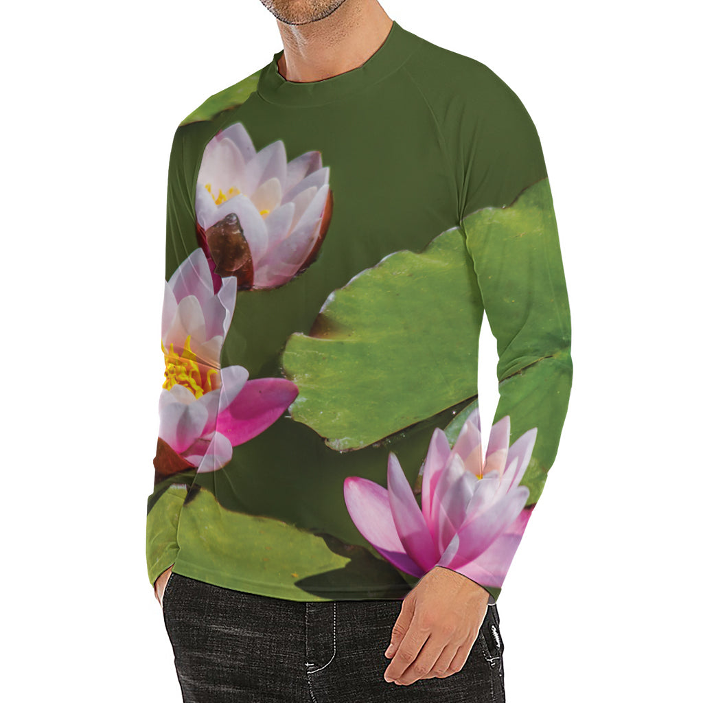 Pink Water Lilies Print Men's Long Sleeve Rash Guard