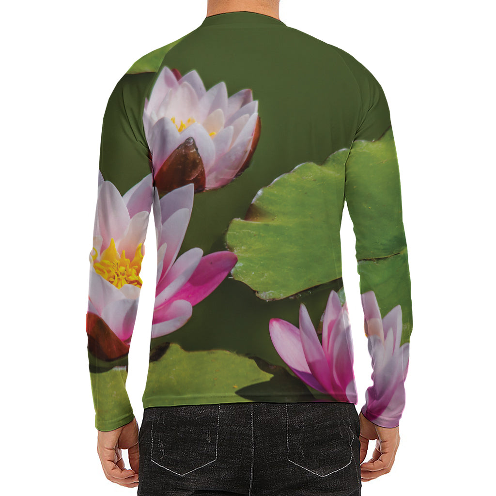 Pink Water Lilies Print Men's Long Sleeve Rash Guard