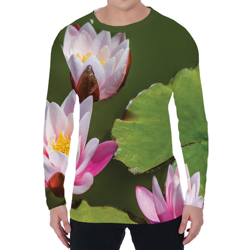 Pink Water Lilies Print Men's Long Sleeve T-Shirt