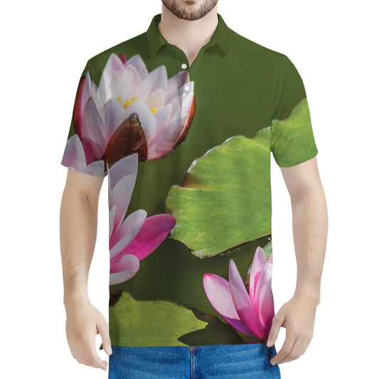 Pink Water Lilies Print Men's Polo Shirt