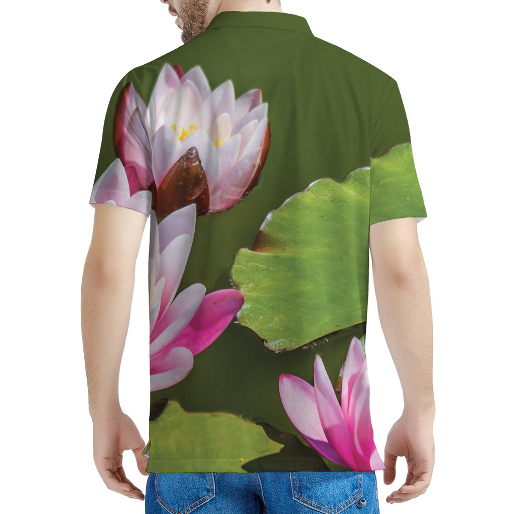 Pink Water Lilies Print Men's Polo Shirt