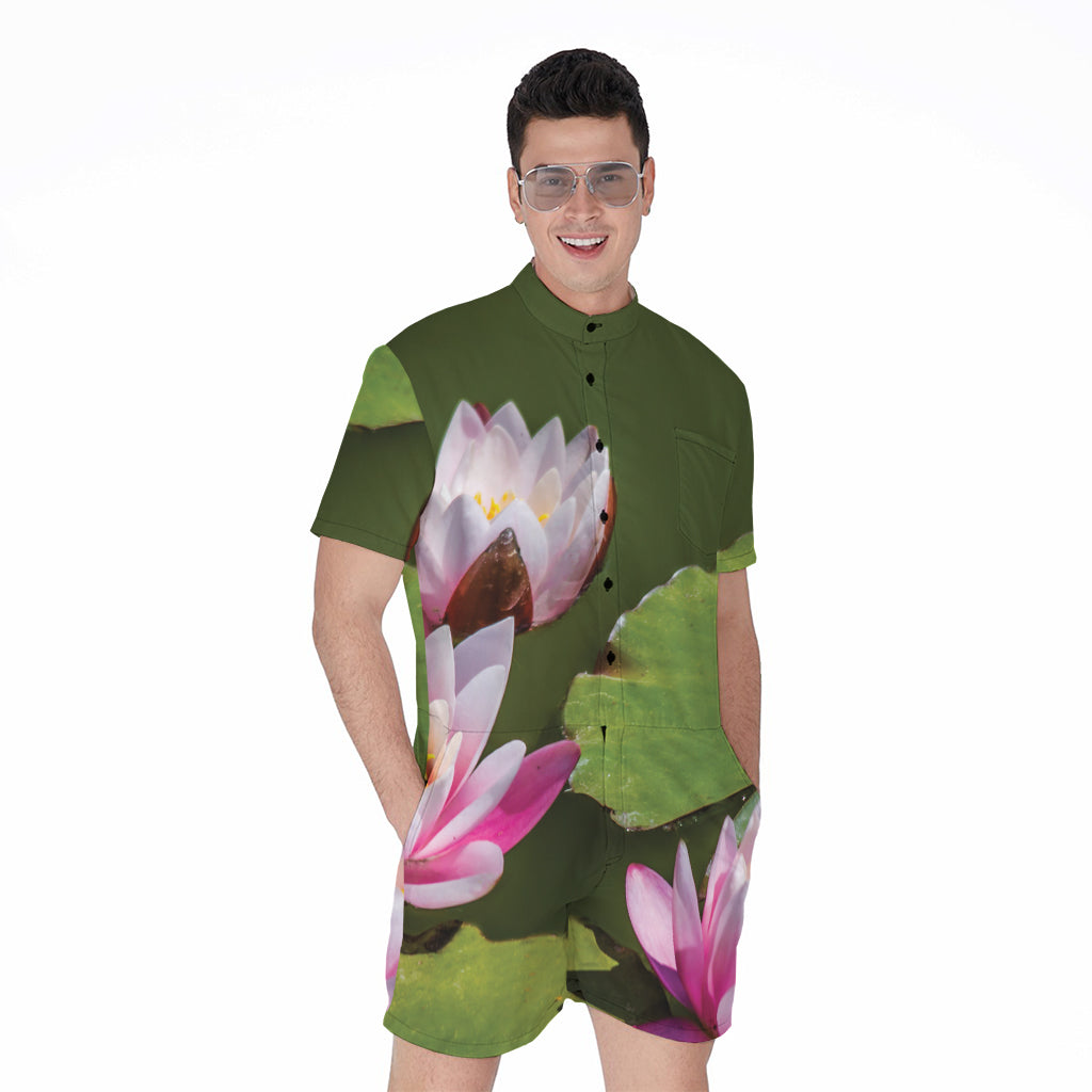 Pink Water Lilies Print Men's Rompers