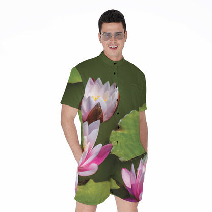Pink Water Lilies Print Men's Rompers