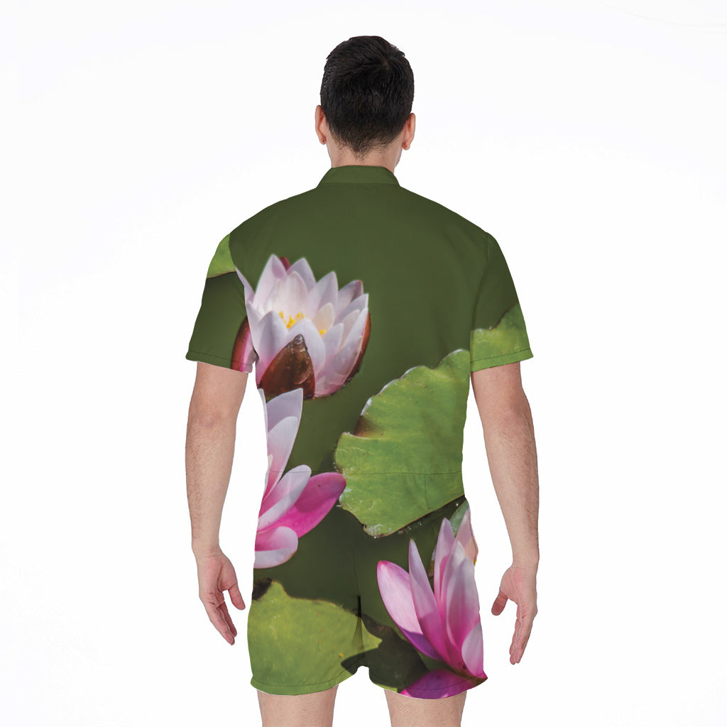 Pink Water Lilies Print Men's Rompers