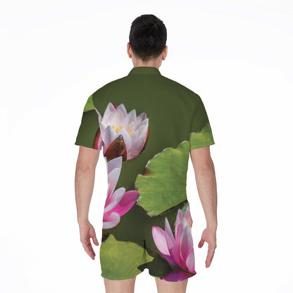 Pink Water Lilies Print Men's Rompers