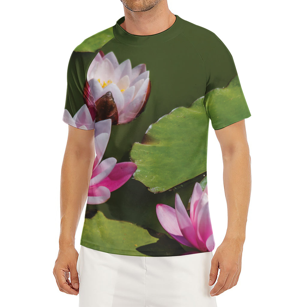 Pink Water Lilies Print Men's Short Sleeve Rash Guard