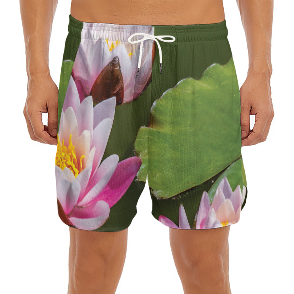 Pink Water Lilies Print Men's Split Running Shorts
