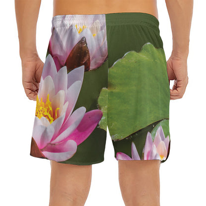 Pink Water Lilies Print Men's Split Running Shorts