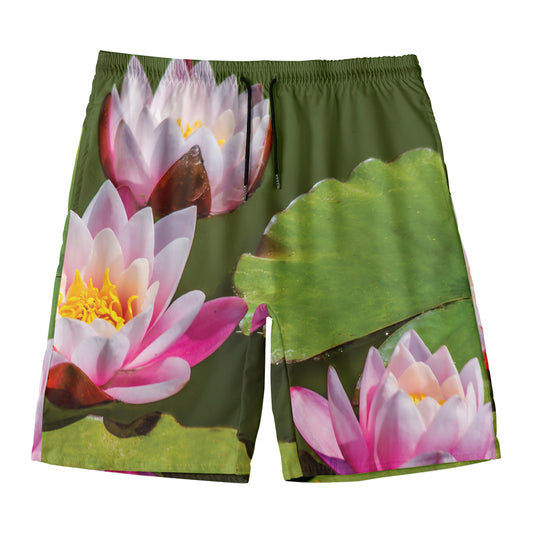 Pink Water Lilies Print Men's Swim Trunks