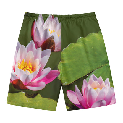 Pink Water Lilies Print Men's Swim Trunks