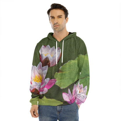 Pink Water Lilies Print Men's Velvet Pullover Hoodie