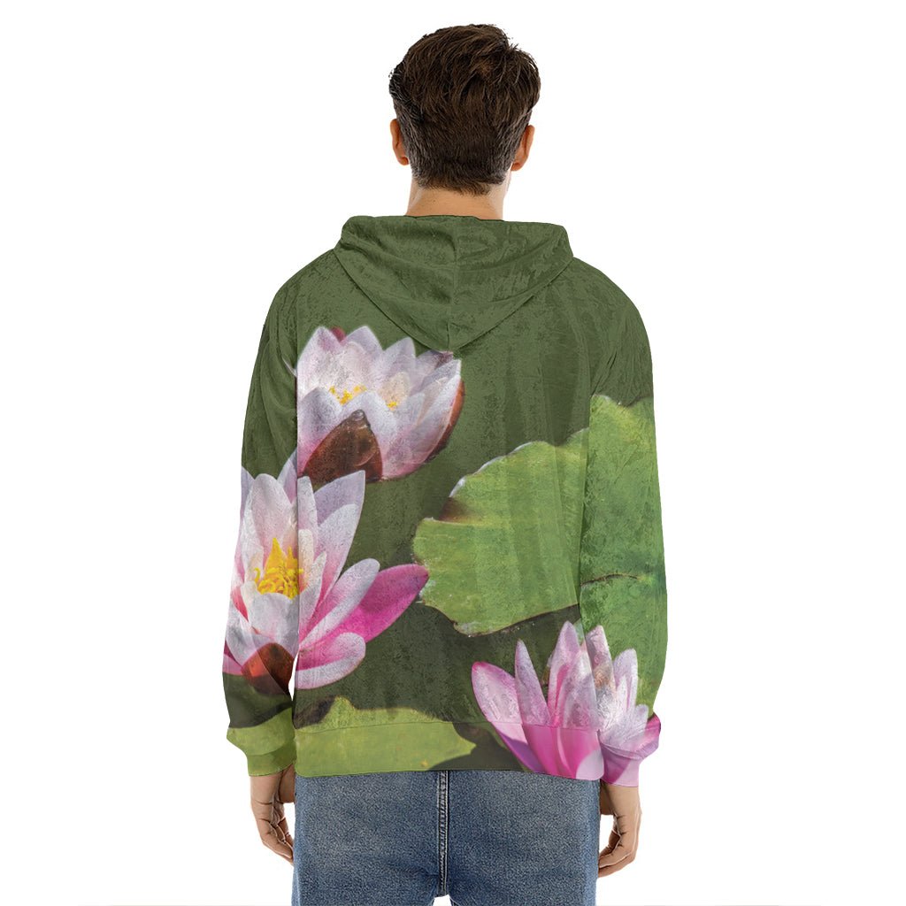 Pink Water Lilies Print Men's Velvet Pullover Hoodie