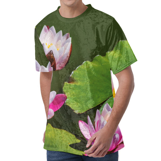 Pink Water Lilies Print Men's Velvet T-Shirt