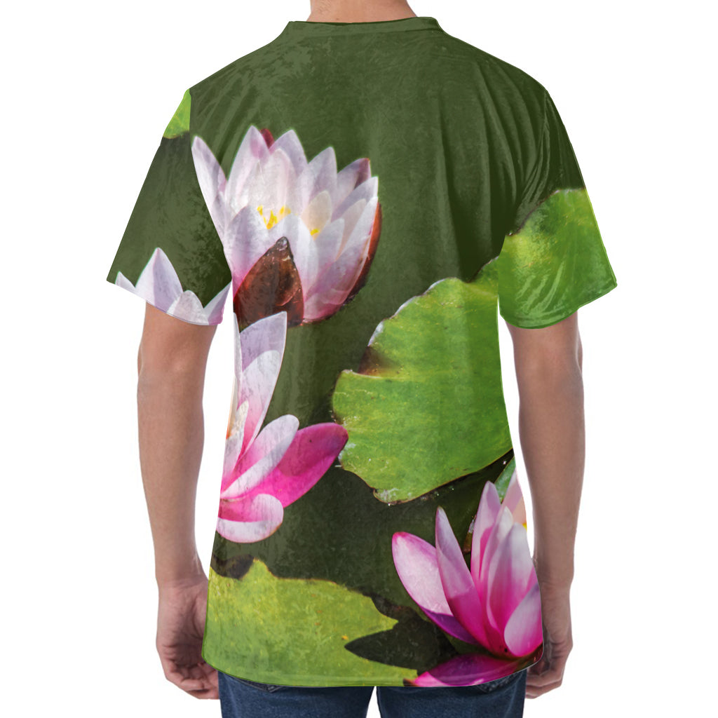 Pink Water Lilies Print Men's Velvet T-Shirt