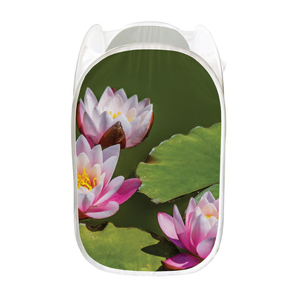 Pink Water Lilies Print Mesh Laundry Hamper