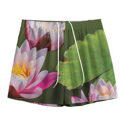 Pink Water Lilies Print Mesh Shorts