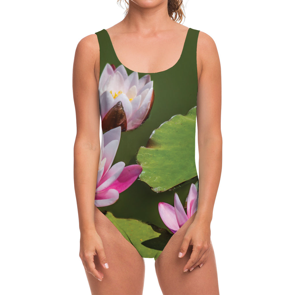 Pink Water Lilies Print One Piece Swimsuit