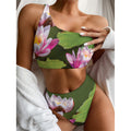 Pink Water Lilies Print One Shoulder Bikini Set