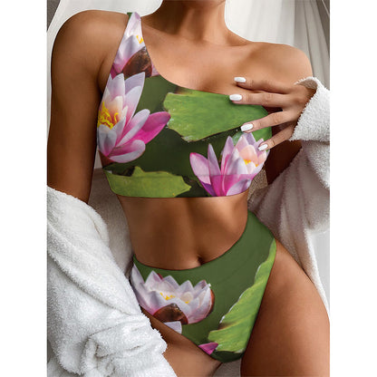 Pink Water Lilies Print One Shoulder Bikini Top