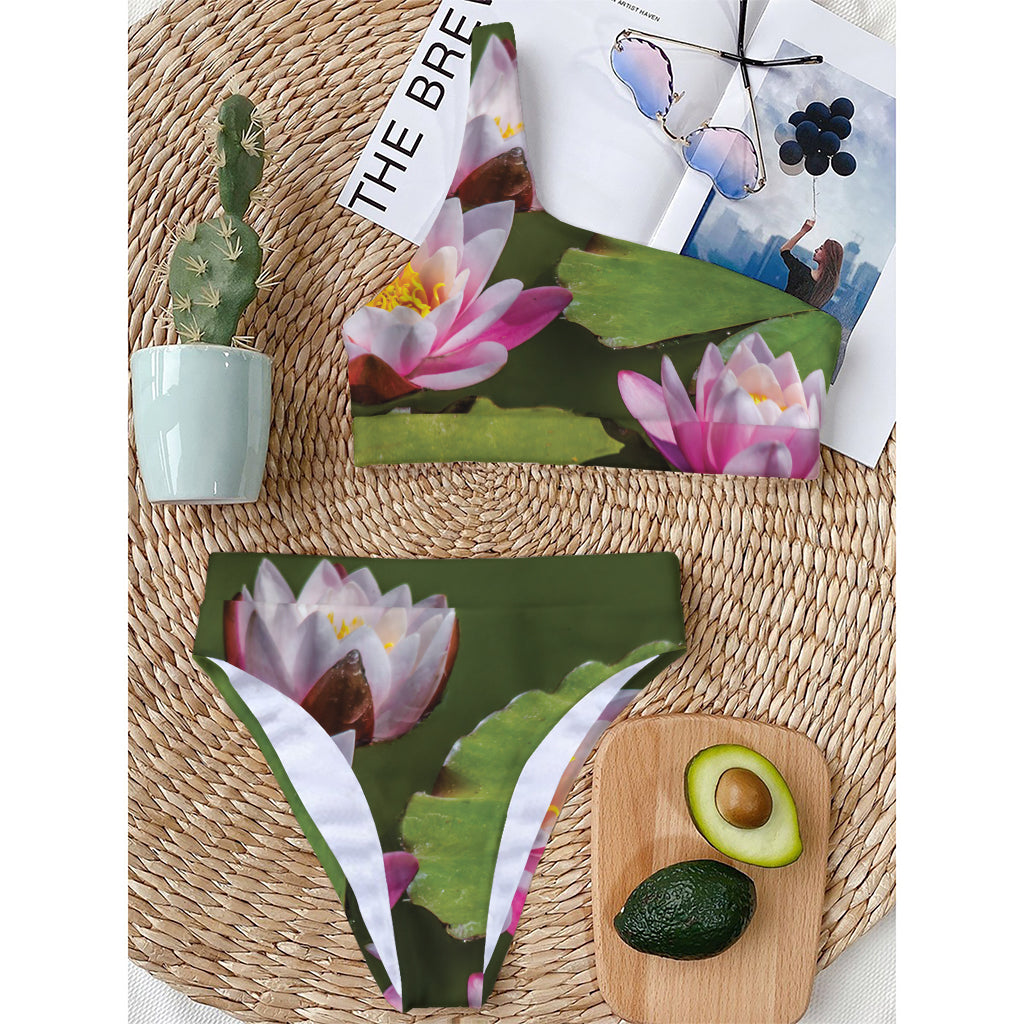 Pink Water Lilies Print One Shoulder Bikini Top