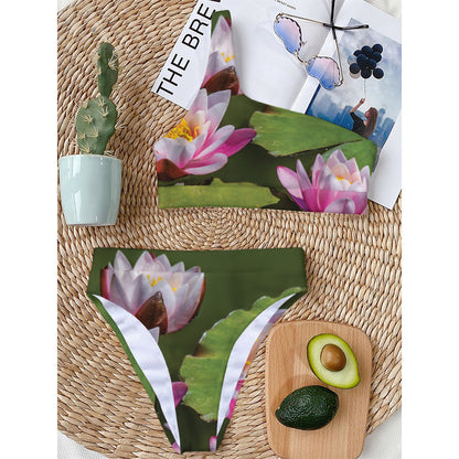 Pink Water Lilies Print One Shoulder Bikini Top