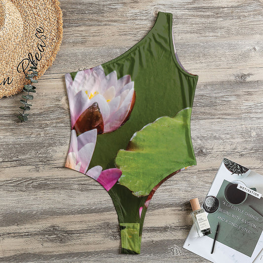 Pink Water Lilies Print One Shoulder Bodysuit