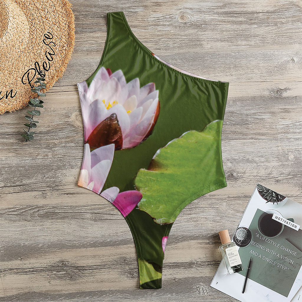 Pink Water Lilies Print One Shoulder Bodysuit