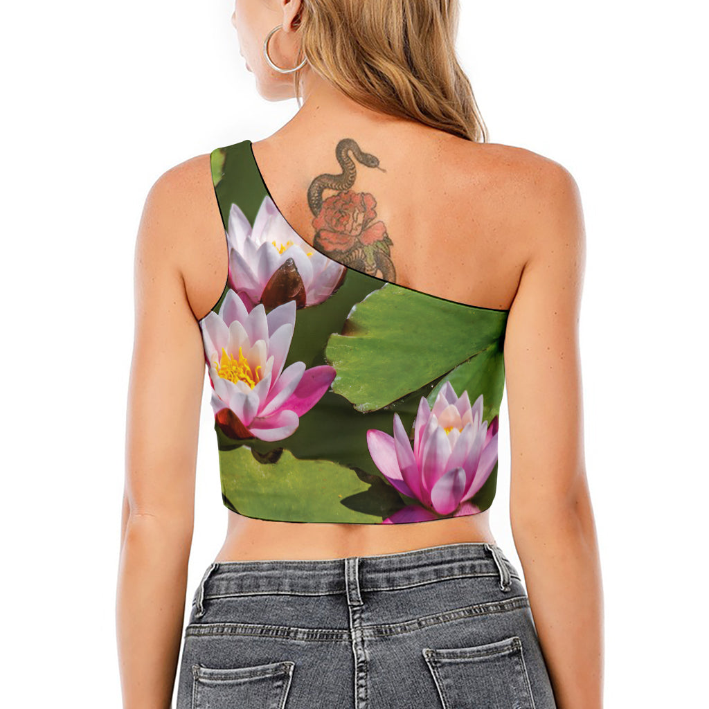 Pink Water Lilies Print One Shoulder Crop Top