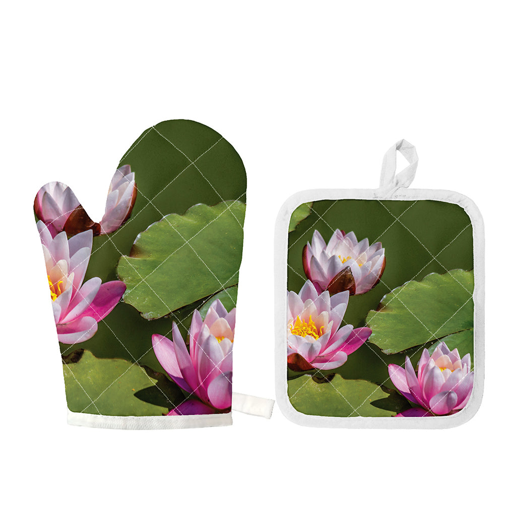 Pink Water Lilies Print Oven Mitt And Pot Holder Set