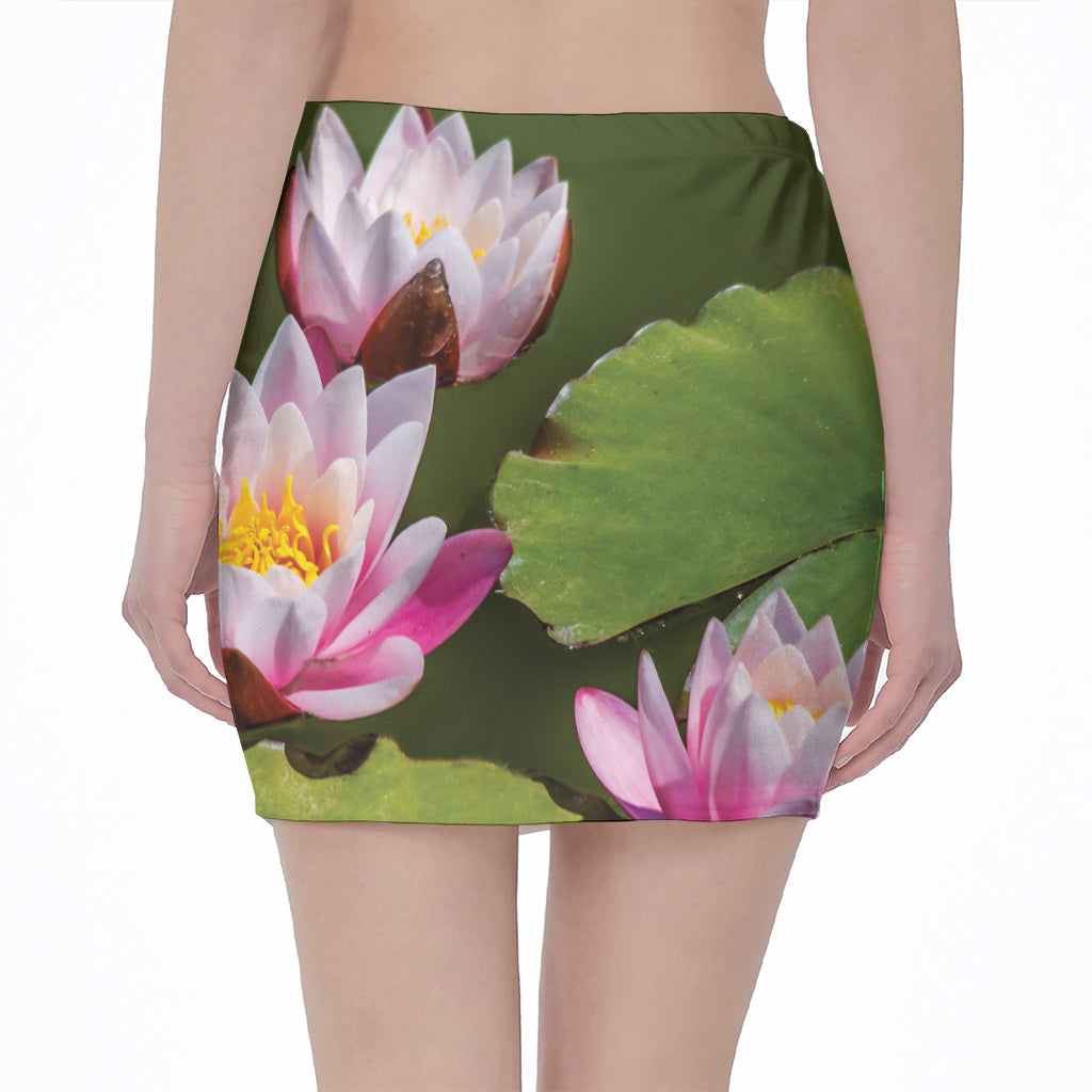 Pink Water Lilies Print Pencil Mini Skirt