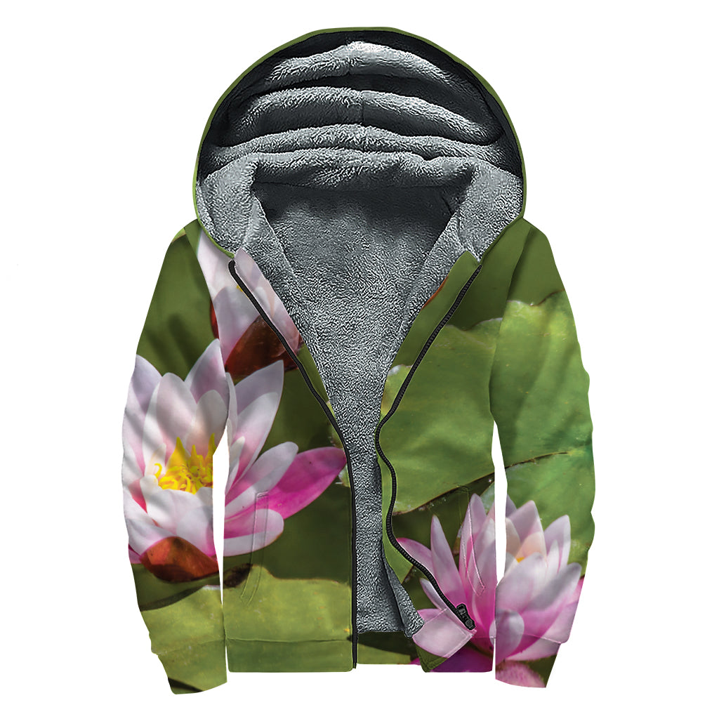 Pink Water Lilies Print Sherpa Lined Zip Up Hoodie