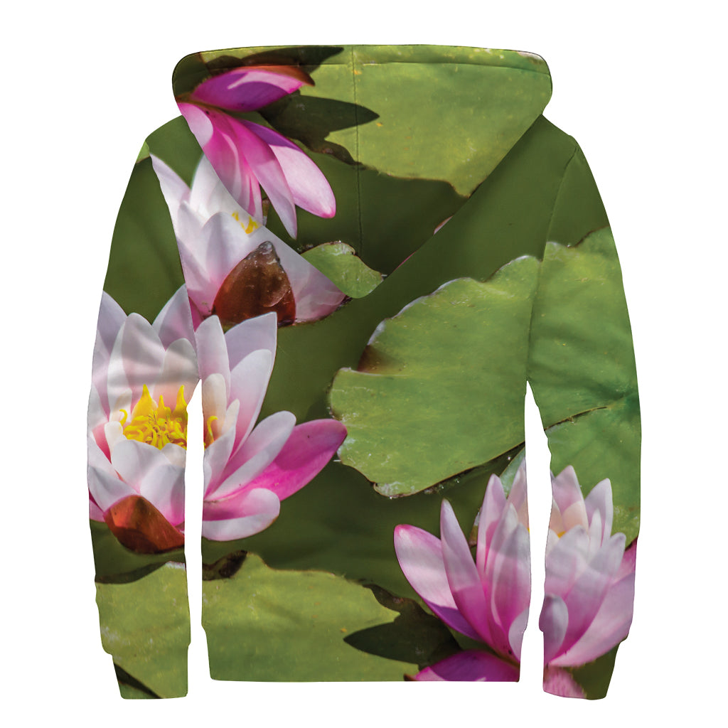 Pink Water Lilies Print Sherpa Lined Zip Up Hoodie