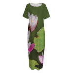 Pink Water Lilies Print Short Sleeve Long Nightdress