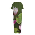 Pink Water Lilies Print Short Sleeve Long Nightdress