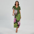 Pink Water Lilies Print Short Sleeve Maxi Dress