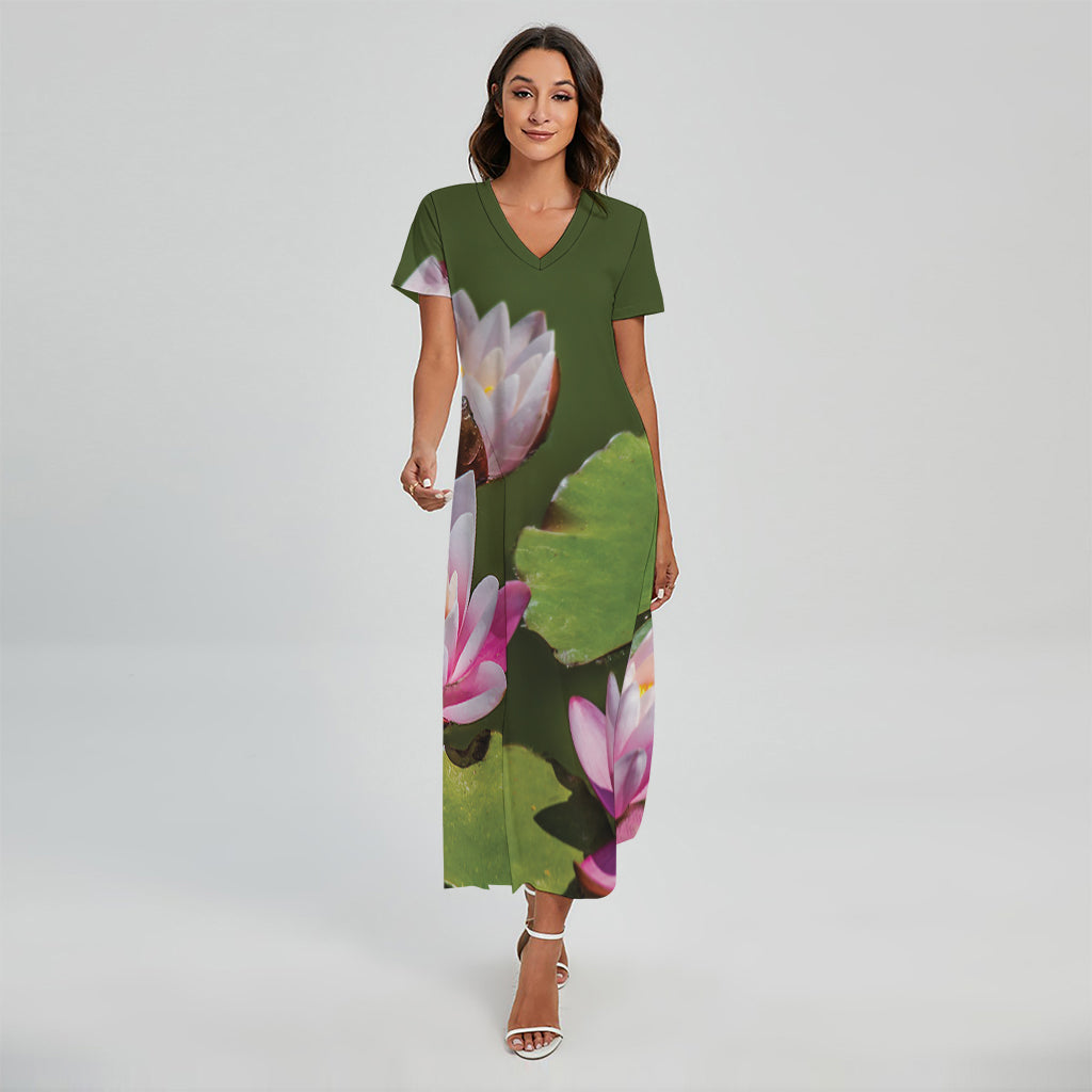 Pink Water Lilies Print Short Sleeve Maxi Dress