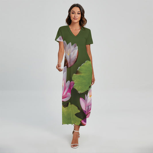 Pink Water Lilies Print Short Sleeve Maxi Dress