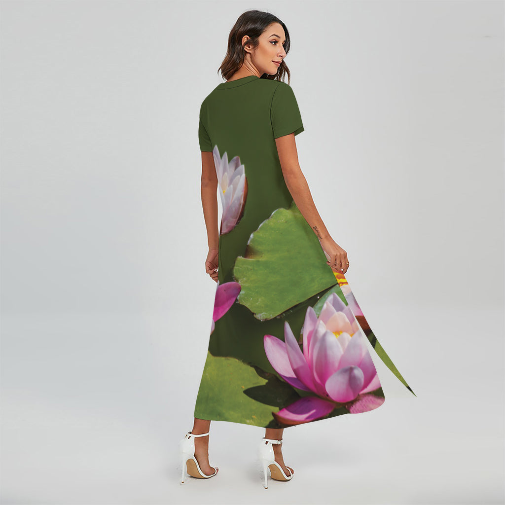 Pink Water Lilies Print Short Sleeve Maxi Dress