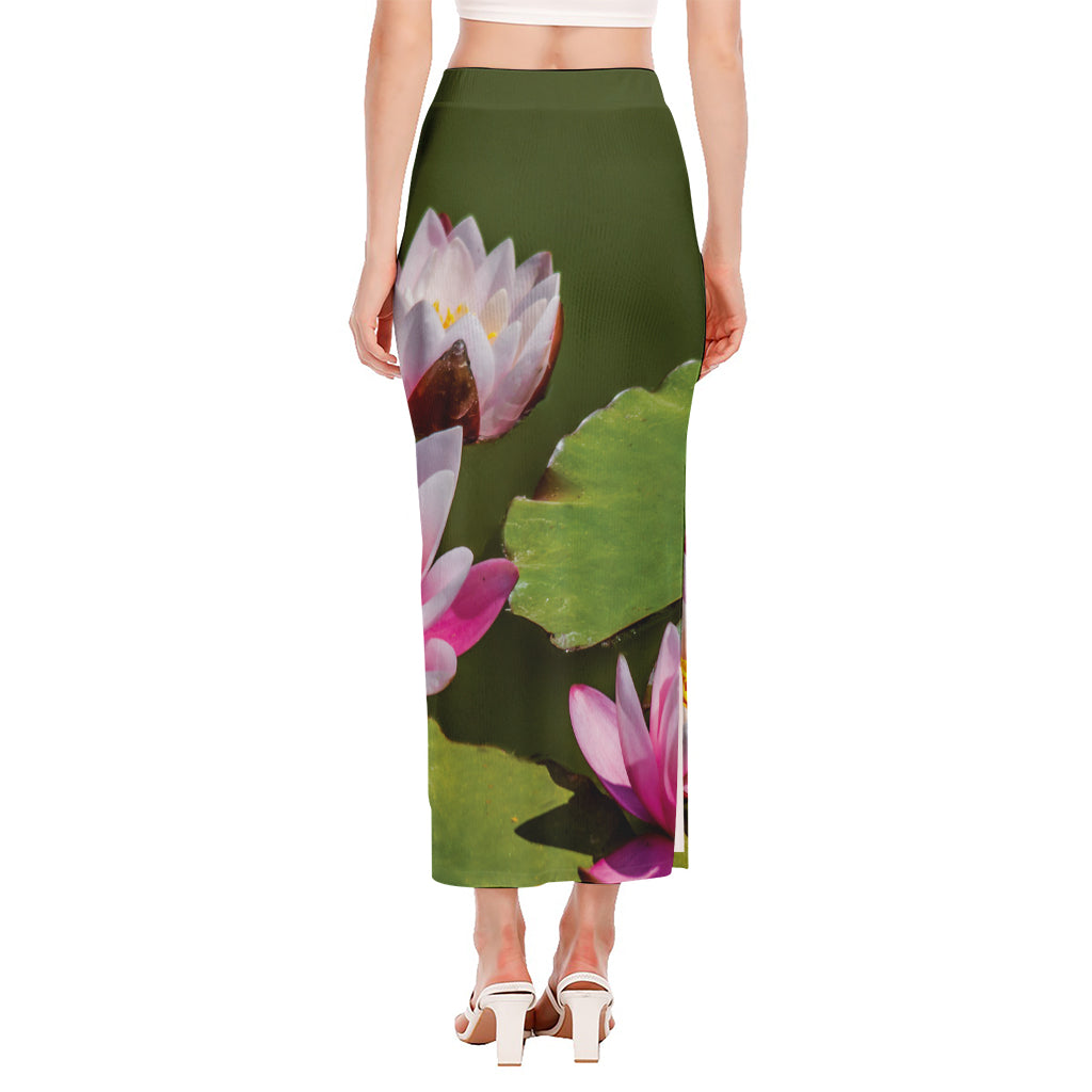 Pink Water Lilies Print Side Slit Maxi Skirt
