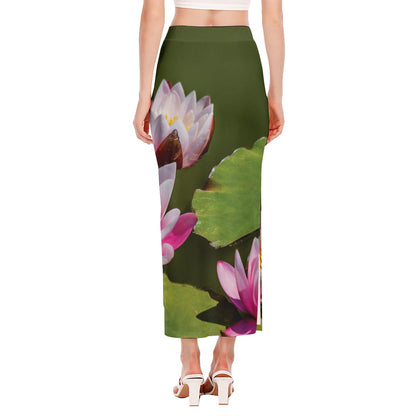 Pink Water Lilies Print Side Slit Maxi Skirt