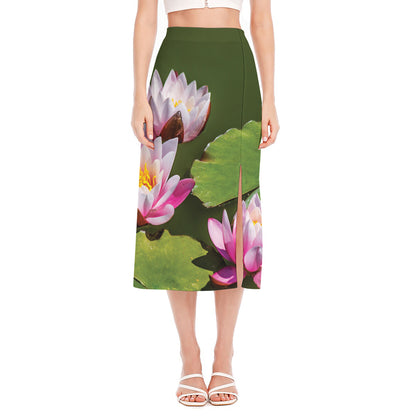 Pink Water Lilies Print Side Slit Midi Skirt