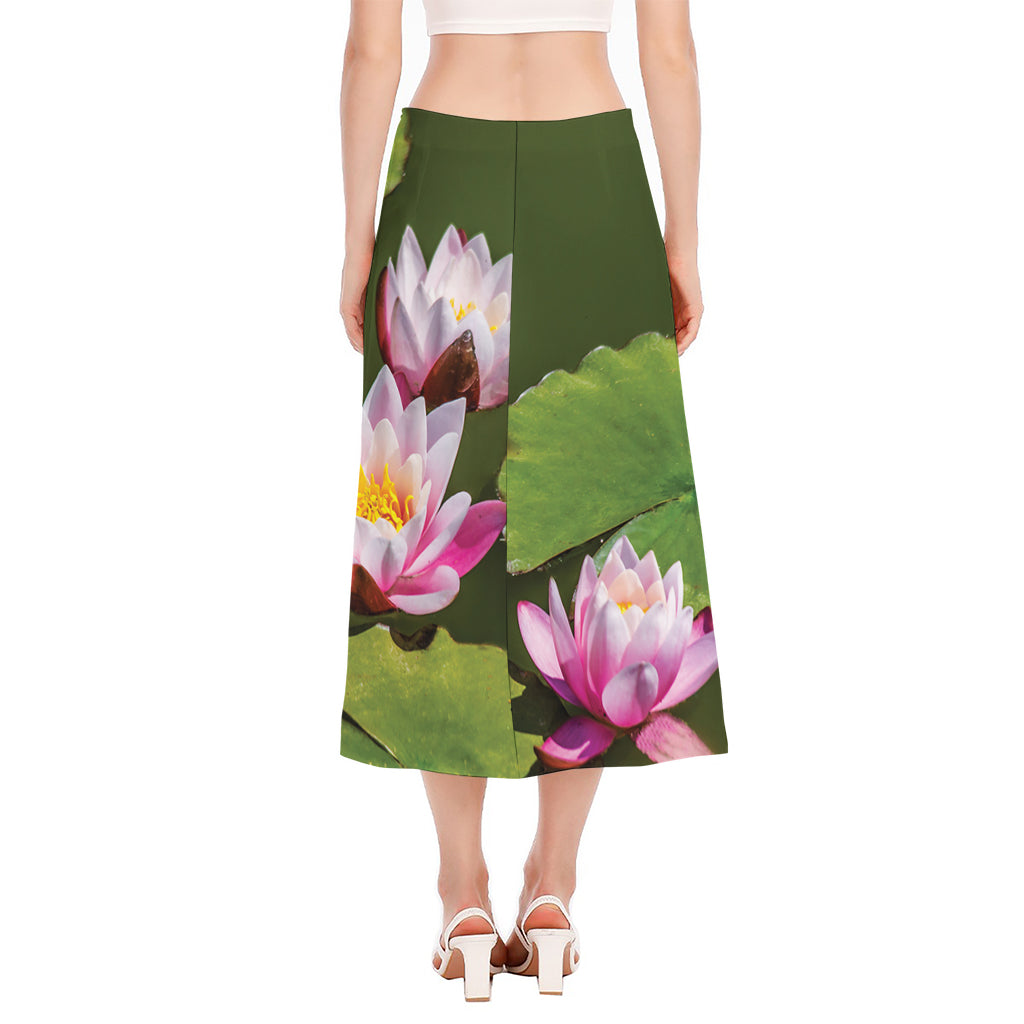 Pink Water Lilies Print Side Slit Midi Skirt