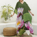 Pink Water Lilies Print Silk V-Neck Kaftan Dress