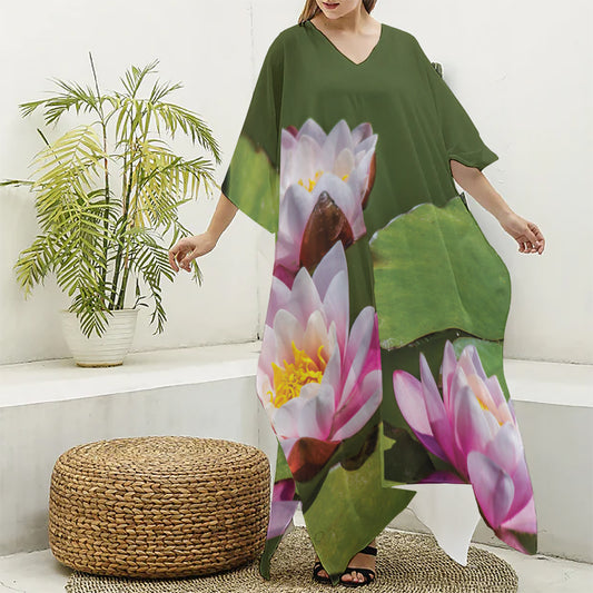Pink Water Lilies Print Silk V-Neck Kaftan Dress