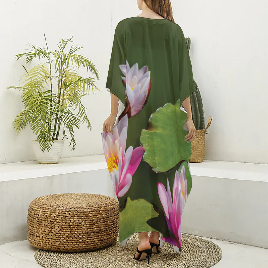 Pink Water Lilies Print Silk V-Neck Kaftan Dress
