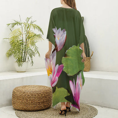 Pink Water Lilies Print Silk V-Neck Kaftan Dress