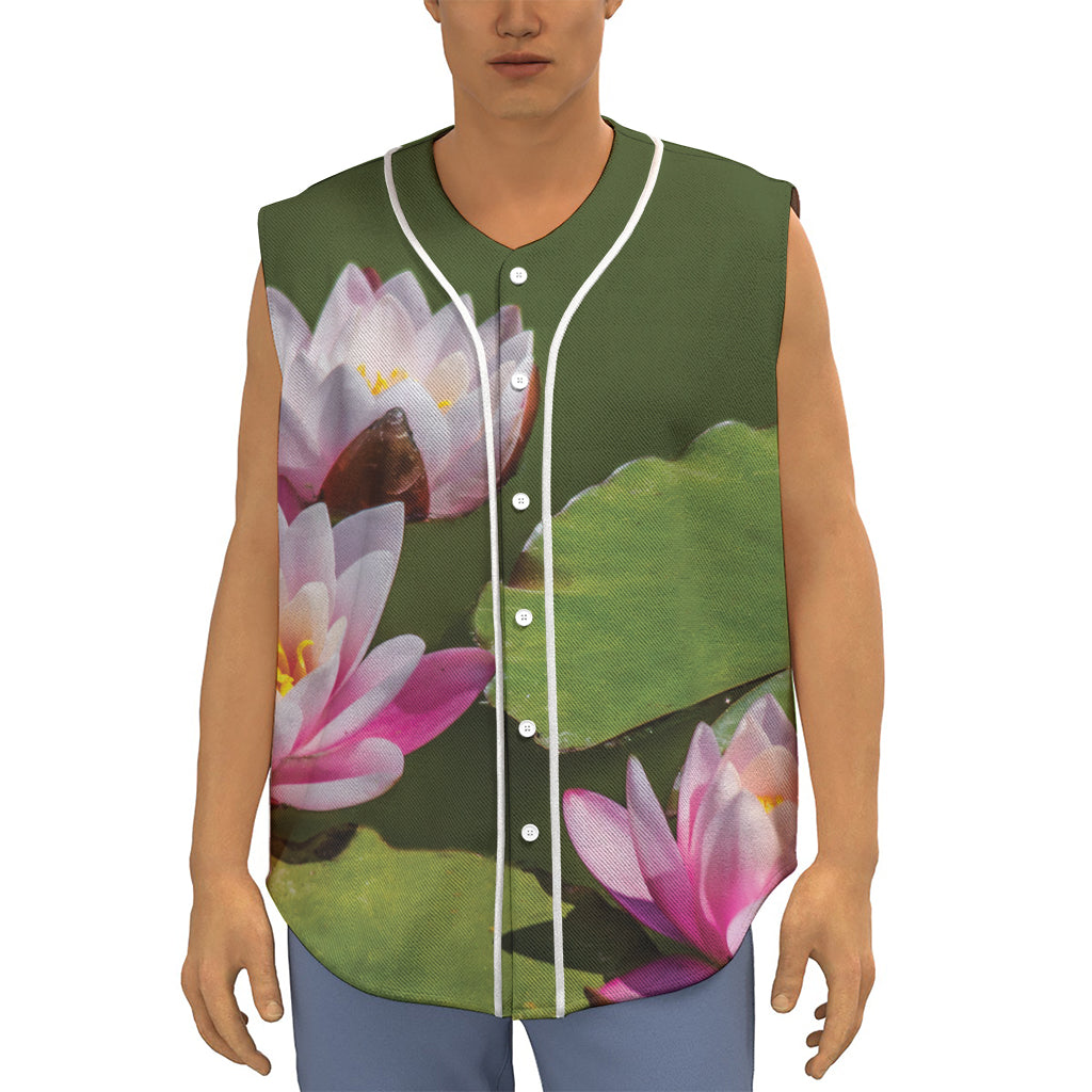 Pink Water Lilies Print Sleeveless Baseball Jersey