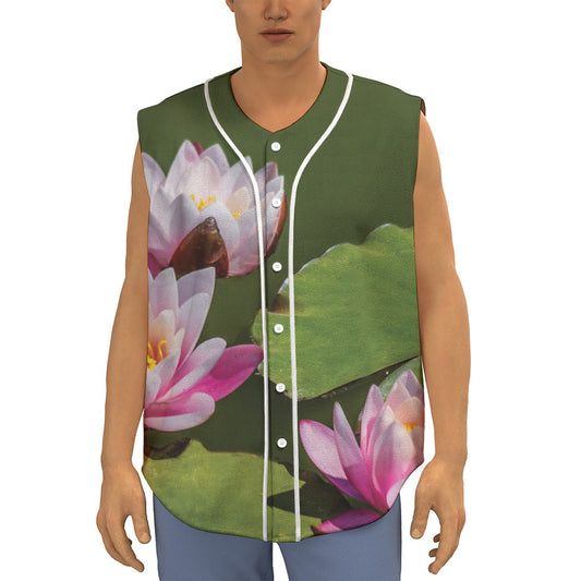Pink Water Lilies Print Sleeveless Baseball Jersey