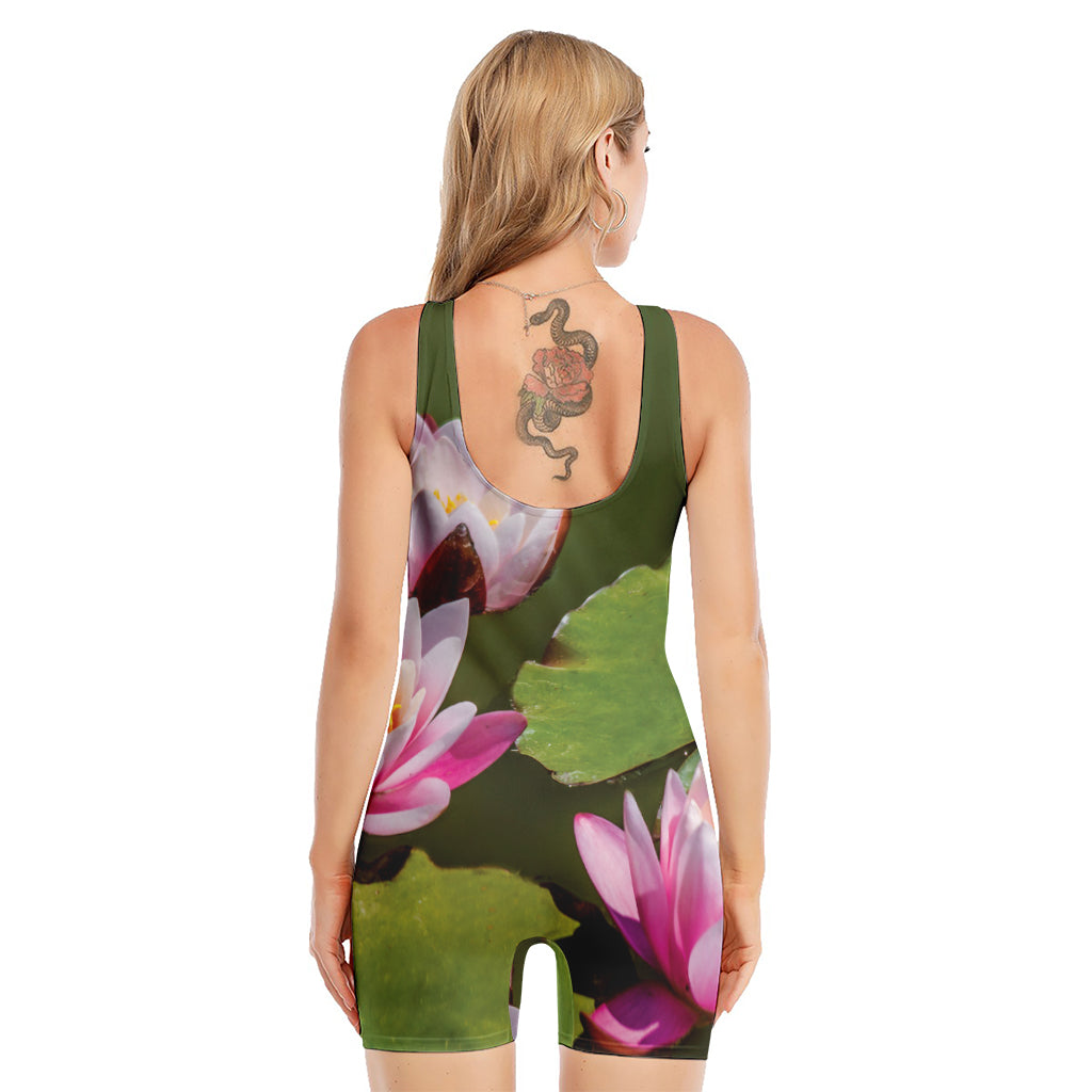 Pink Water Lilies Print Sleeveless One Piece Swimsuit