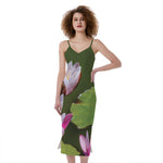 Pink Water Lilies Print Slim Fit Midi Cami Dress